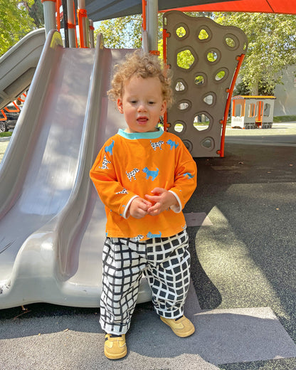 Child in an orange shirt with dog print standing on a playground.