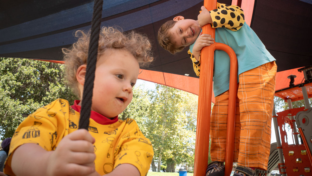Two children playing on a playground structure with trees in the background