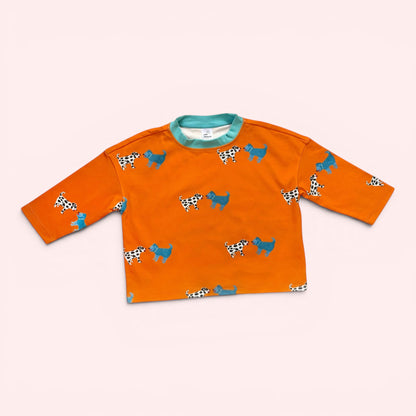 Orange long-sleeve shirt with dog pattern on a white background