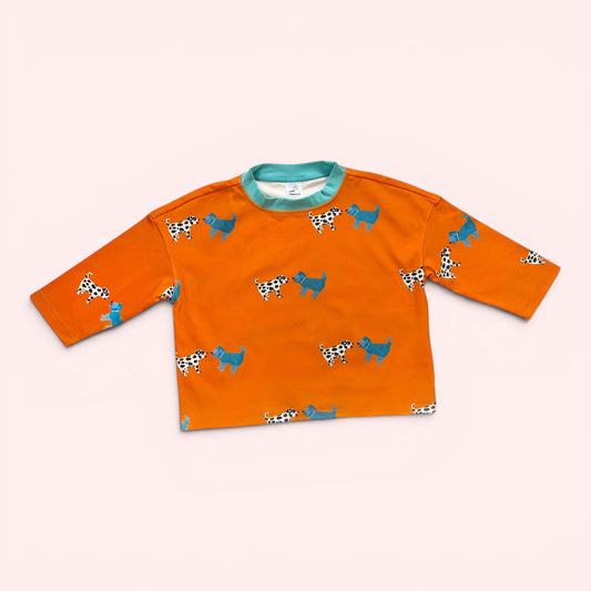 Orange long-sleeve shirt with dog pattern on a white background